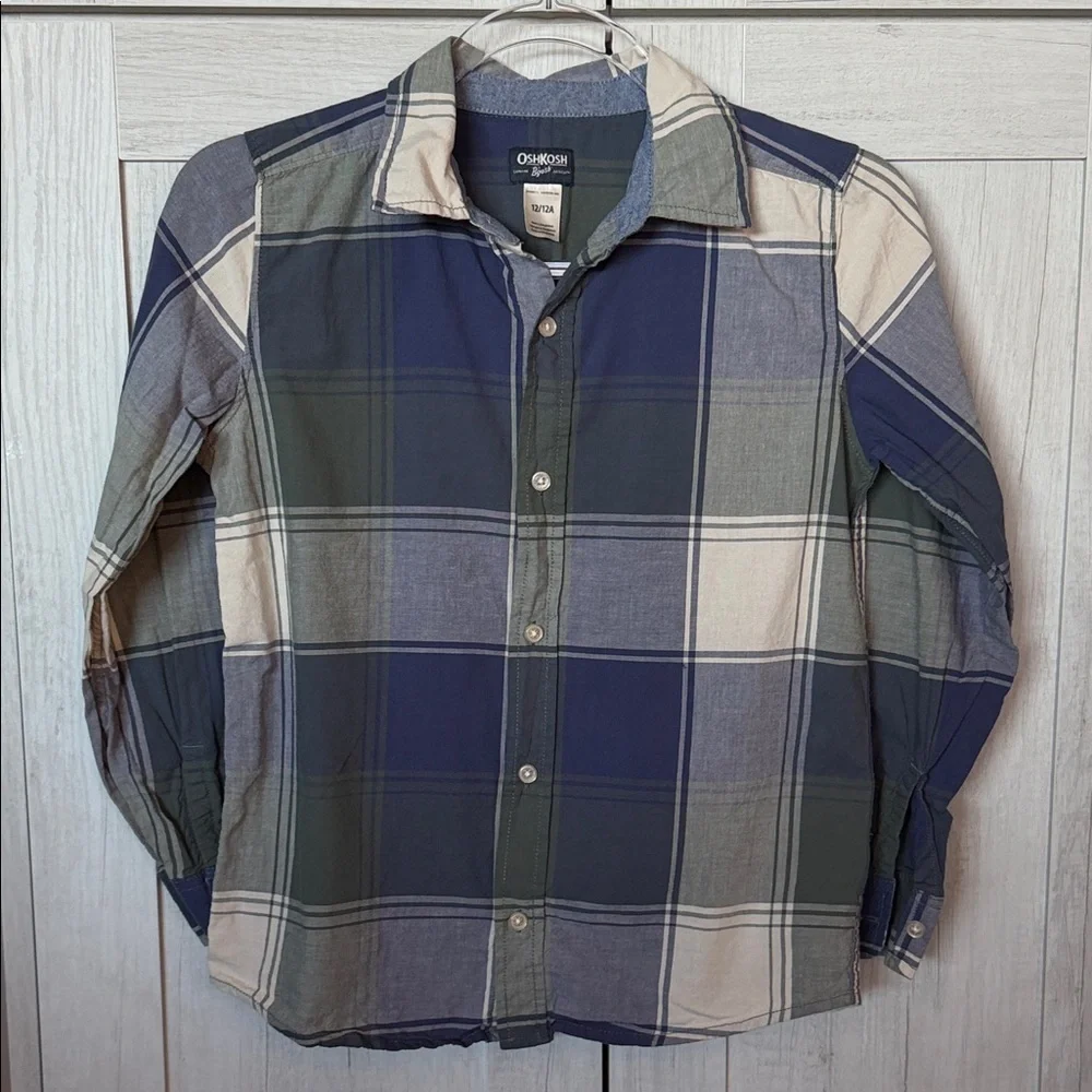 OshKosh B'gosh Navy, Green & Cream Plaid Button-Down Shirt